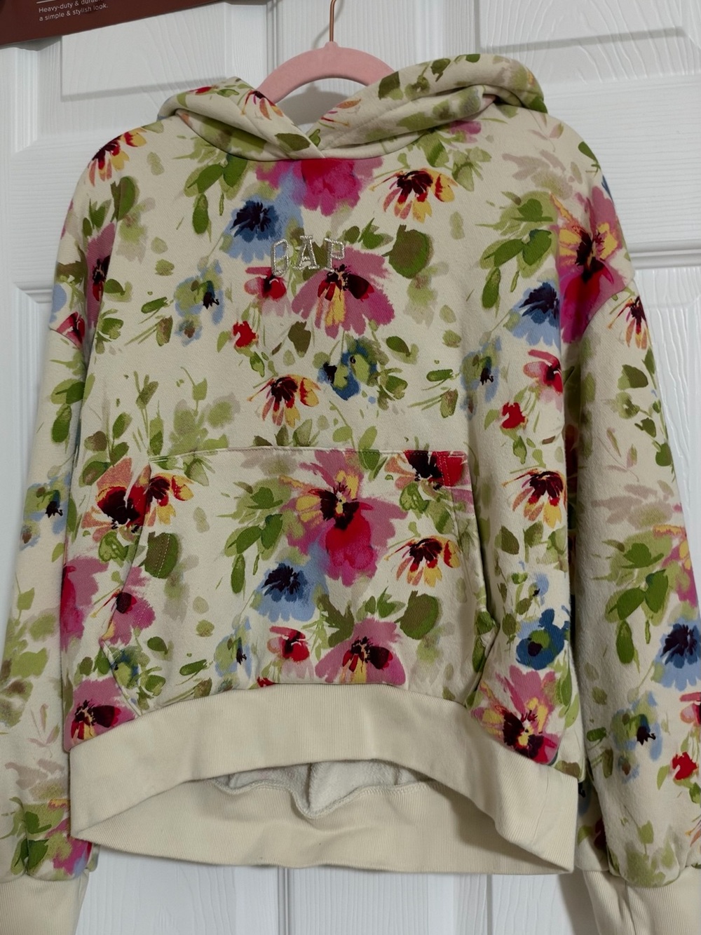 GAP Cream Floral Hooded Sweatshirt with Pink, Green & Blue Accents